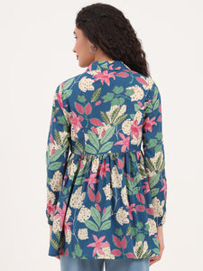Divena Blue Floral Print Cotton Fabric Lepal Coller Peplum Top