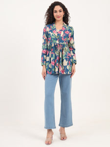 Divena Blue Floral Print Cotton Fabric Lepal Coller Peplum Top