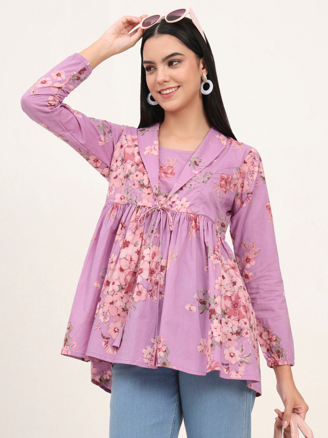 Purple Floral Print Cotton Fabric Lepal Coller Peplum Top — view 1