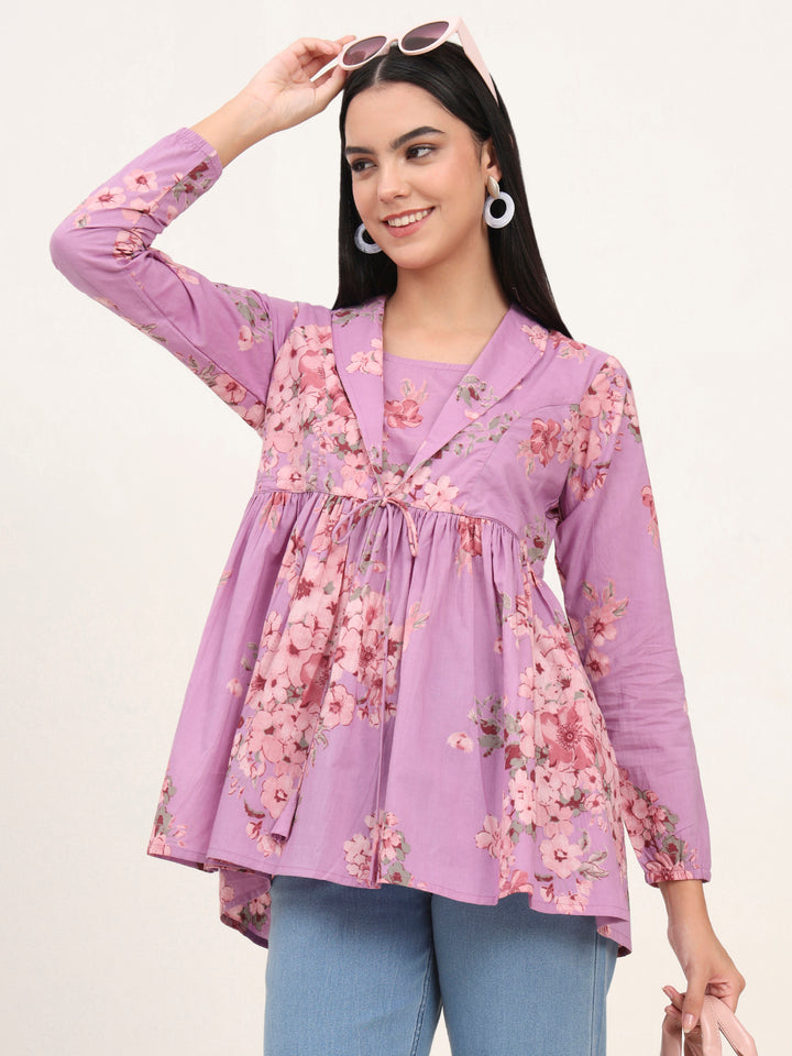 Divena Purple Floral Print Cotton Fabric Lepal Coller Peplum Top