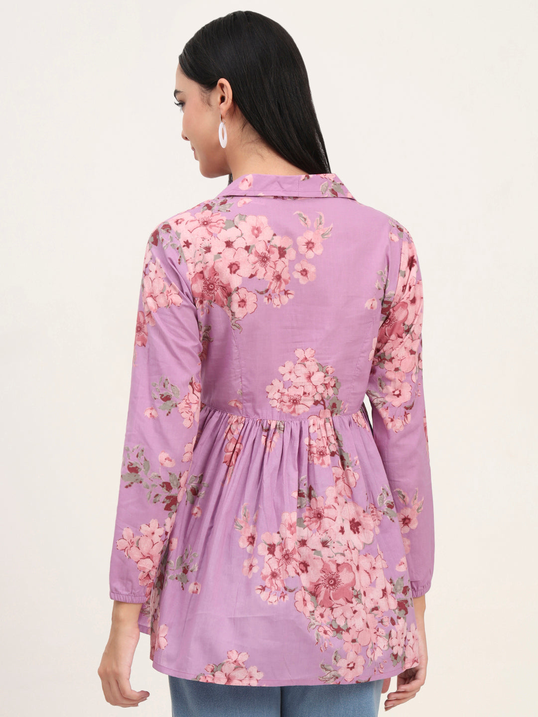 Divena Purple Floral Print Cotton Fabric Lepal Coller Peplum Top