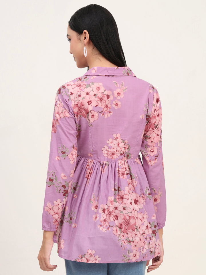 Divena Purple Floral Print Cotton Fabric Lepal Coller Peplum Top
