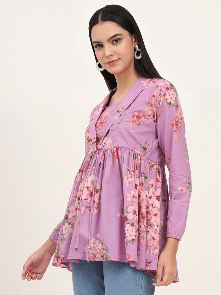 Divena Purple Floral Print Cotton Fabric Lepal Coller Peplum Top