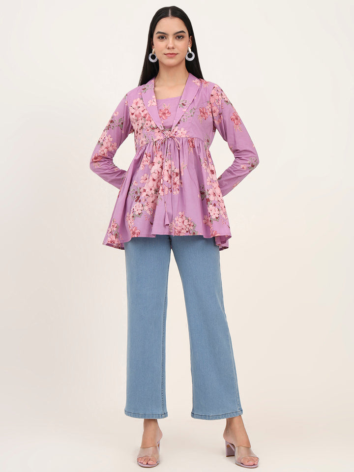Divena Purple Floral Print Cotton Fabric Lepal Coller Peplum Top