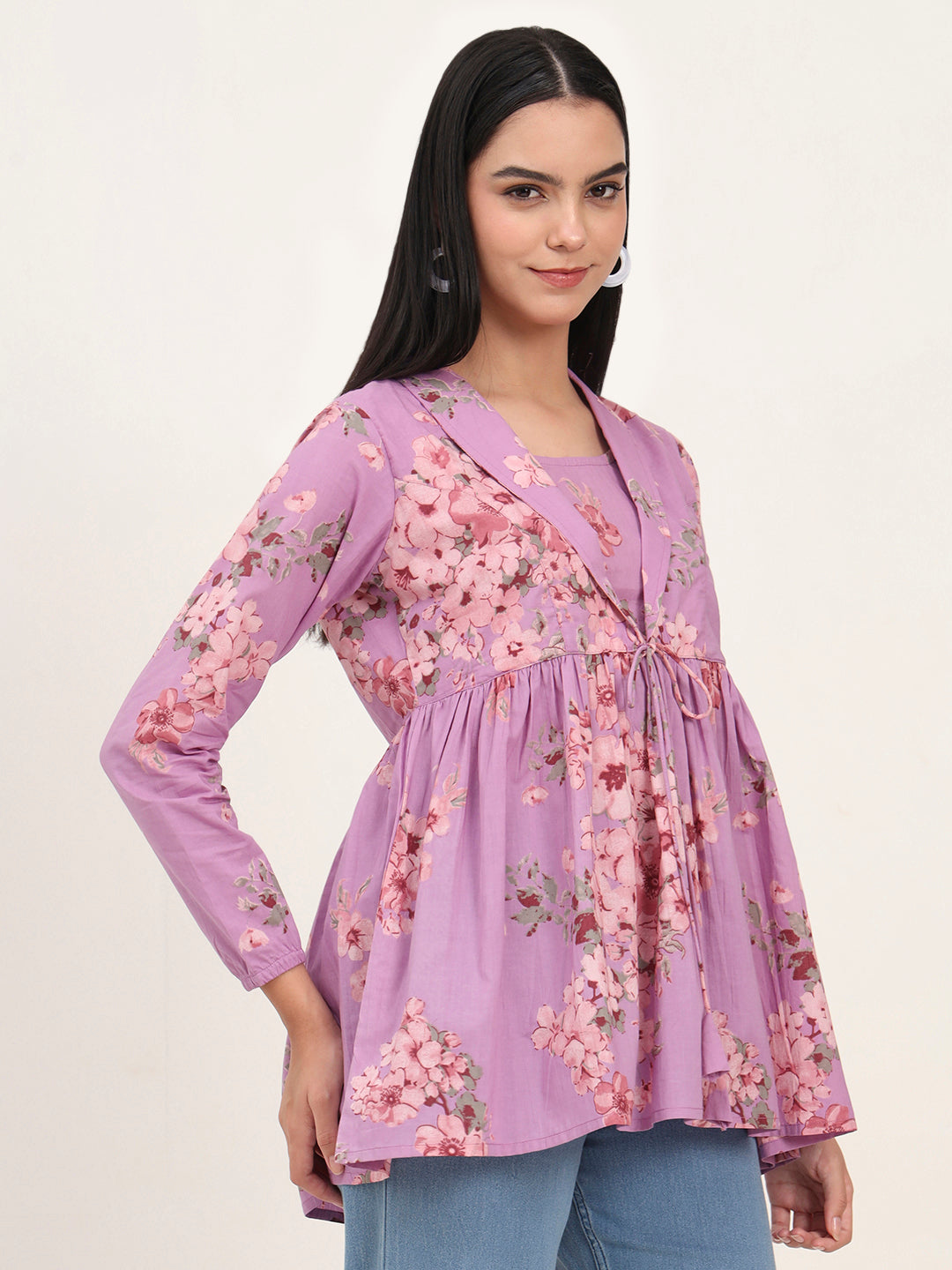 Divena Purple Floral Print Cotton Fabric Lepal Coller Peplum Top