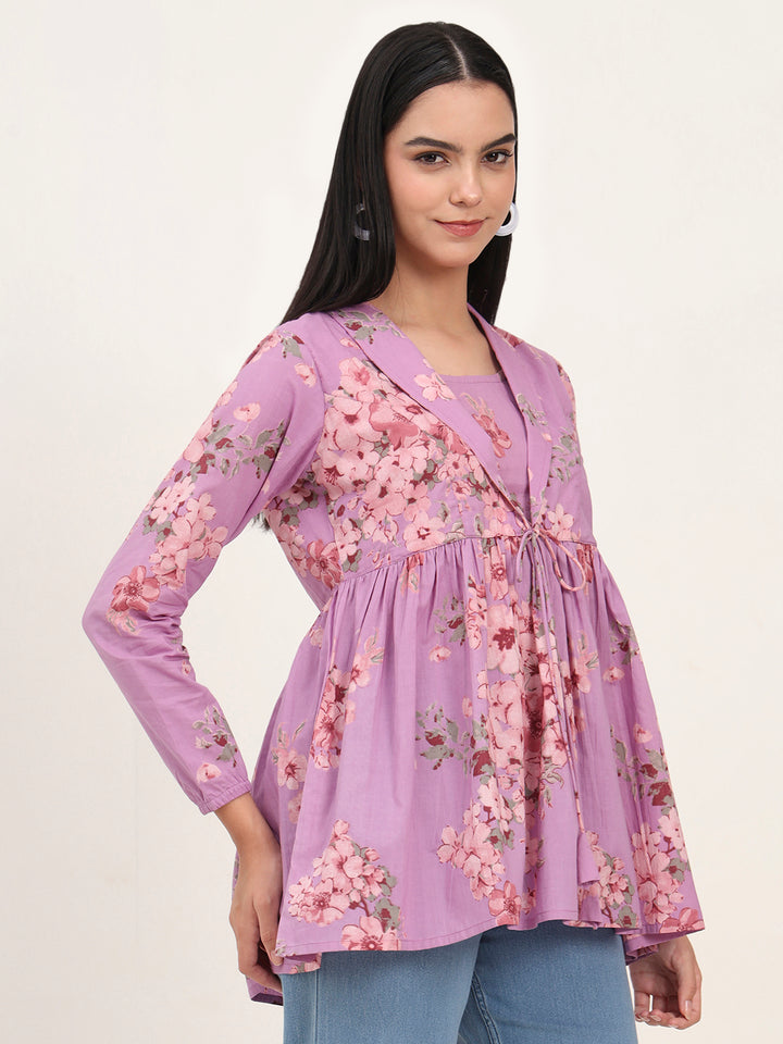 Divena Purple Floral Print Cotton Fabric Lepal Coller Peplum Top