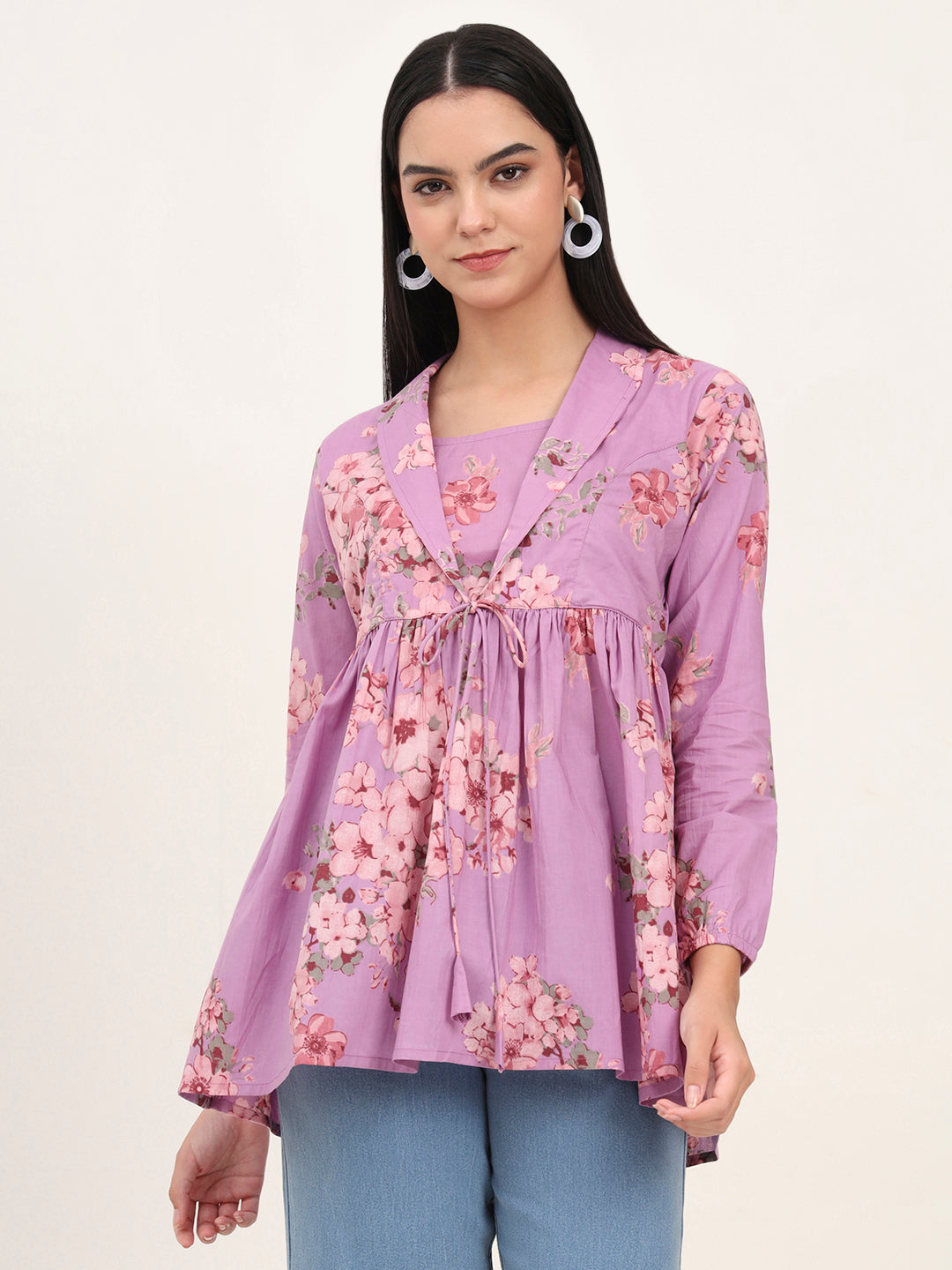 Divena Purple Floral Print Cotton Fabric Lepal Coller Peplum Top