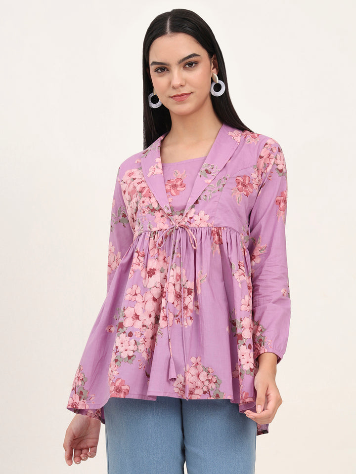 Divena Purple Floral Print Cotton Fabric Lepal Coller Peplum Top