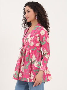 Divena Pink Floral Print Cotton Fabric Lepal Coller Peplum Top