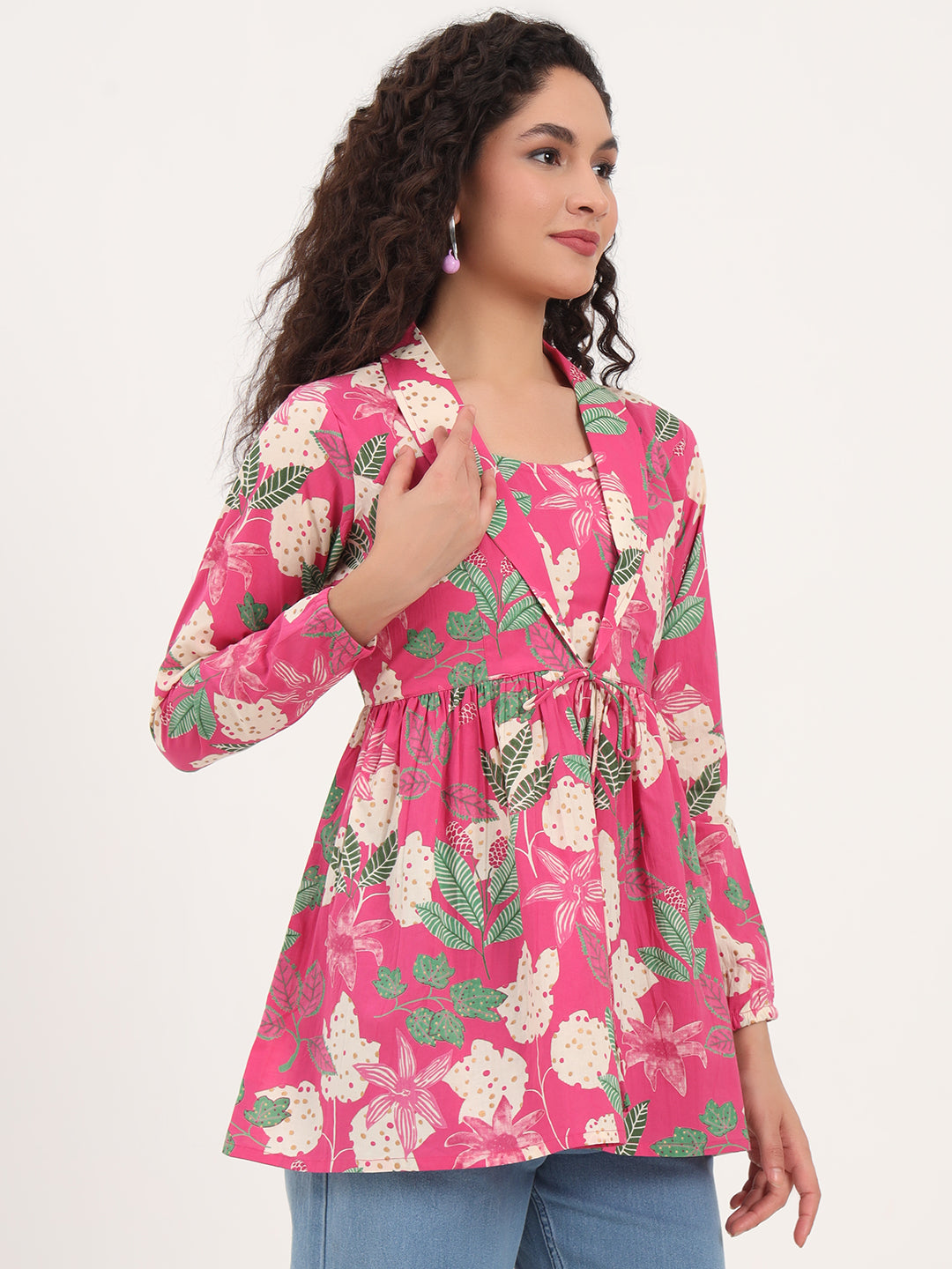 Divena Pink Floral Print Cotton Fabric Lepal Coller Peplum Top