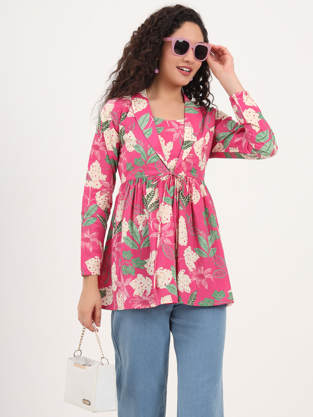 Pink Floral Print Cotton Fabric Lepal Coller Peplum Top — view 1