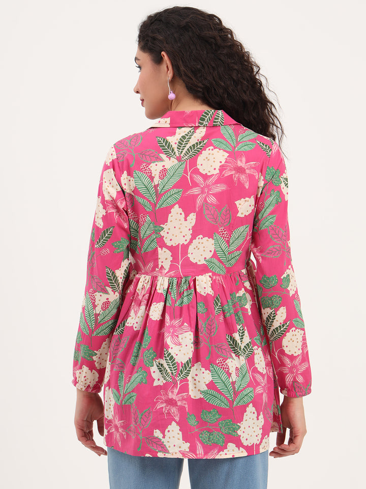 Divena Pink Floral Print Cotton Fabric Lepal Coller Peplum Top