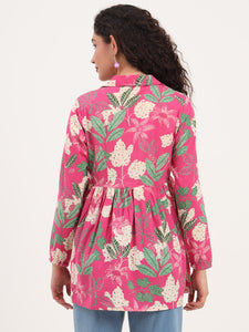 Divena Pink Floral Print Cotton Fabric Lepal Coller Peplum Top