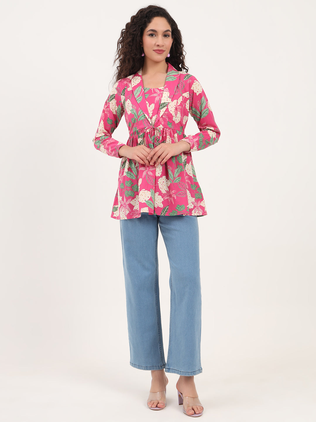 Divena Pink Floral Print Cotton Fabric Lepal Coller Peplum Top