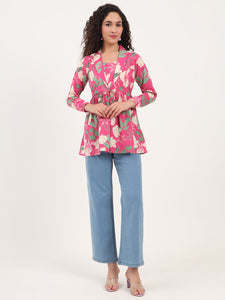 Divena Pink Floral Print Cotton Fabric Lepal Coller Peplum Top