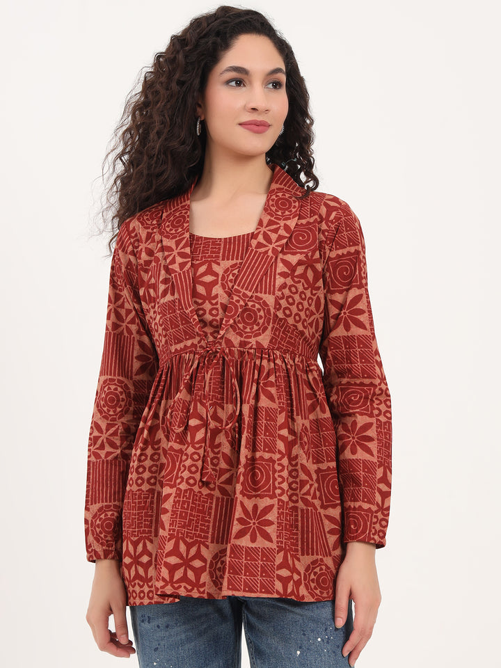 Divena Brown Floral Cotton Fabric Lepal Coller Peplum Top