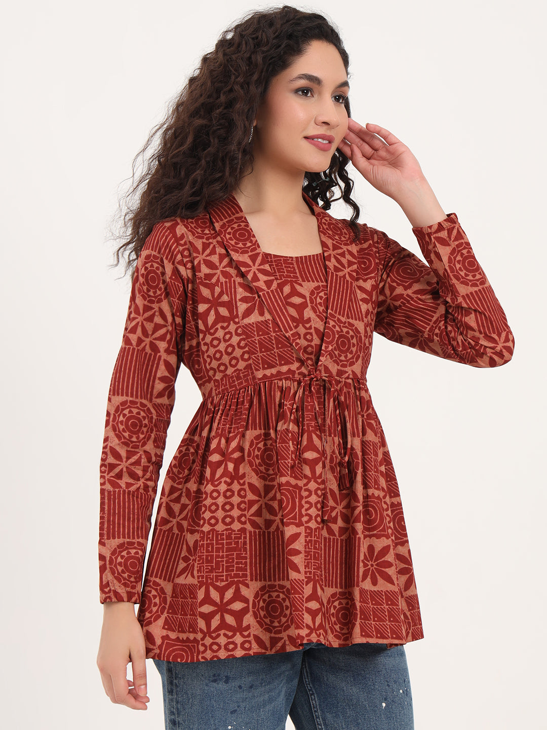Divena Brown Floral Cotton Fabric Lepal Coller Peplum Top