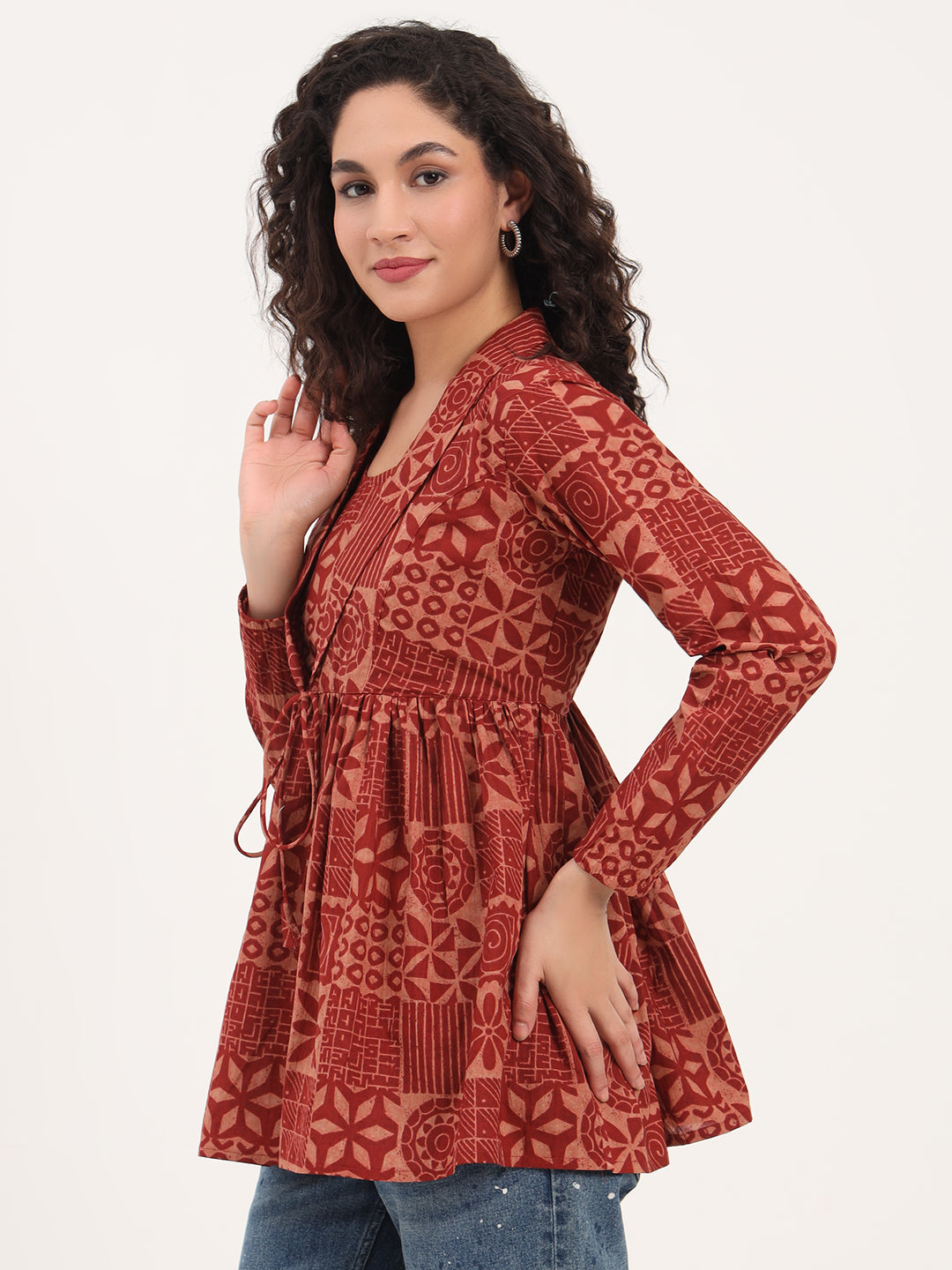 Divena Brown Floral Cotton Fabric Lepal Coller Peplum Top