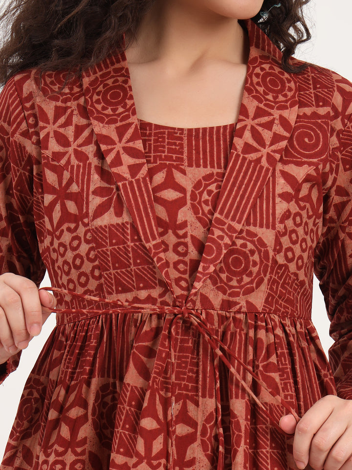 Divena Brown Floral Cotton Fabric Lepal Coller Peplum Top