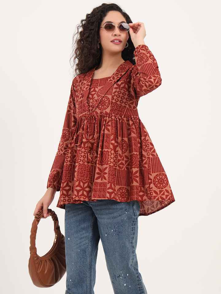 Divena Brown Floral Cotton Fabric Lepal Coller Peplum Top