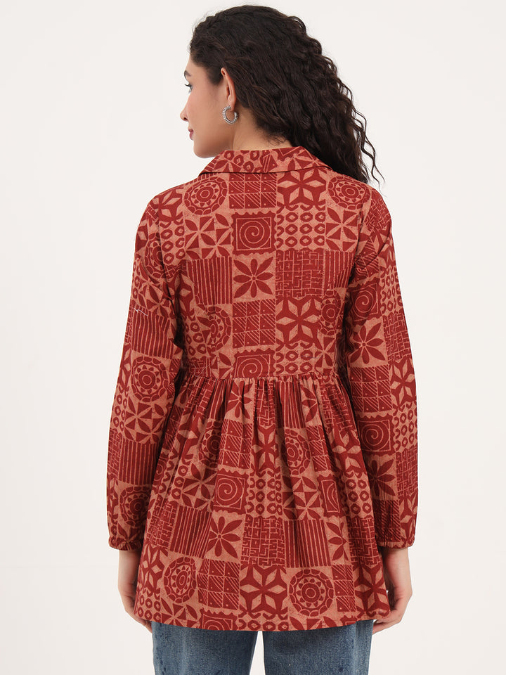 Divena Brown Floral Cotton Fabric Lepal Coller Peplum Top