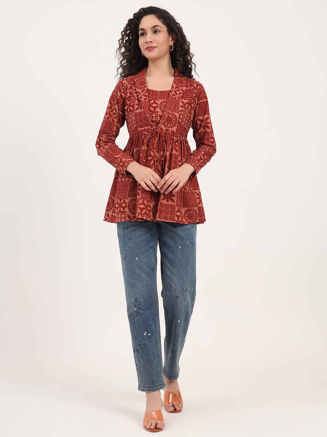 Divena Brown Floral Cotton Fabric Lepal Coller Peplum Top
