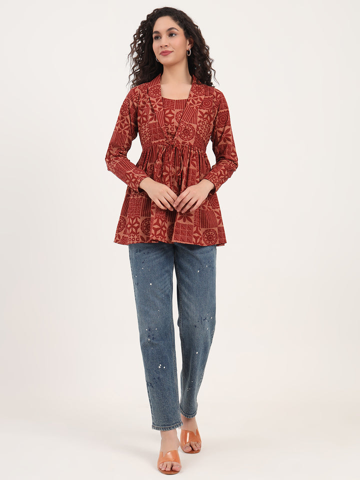 Divena Brown Floral Cotton Fabric Lepal Coller Peplum Top