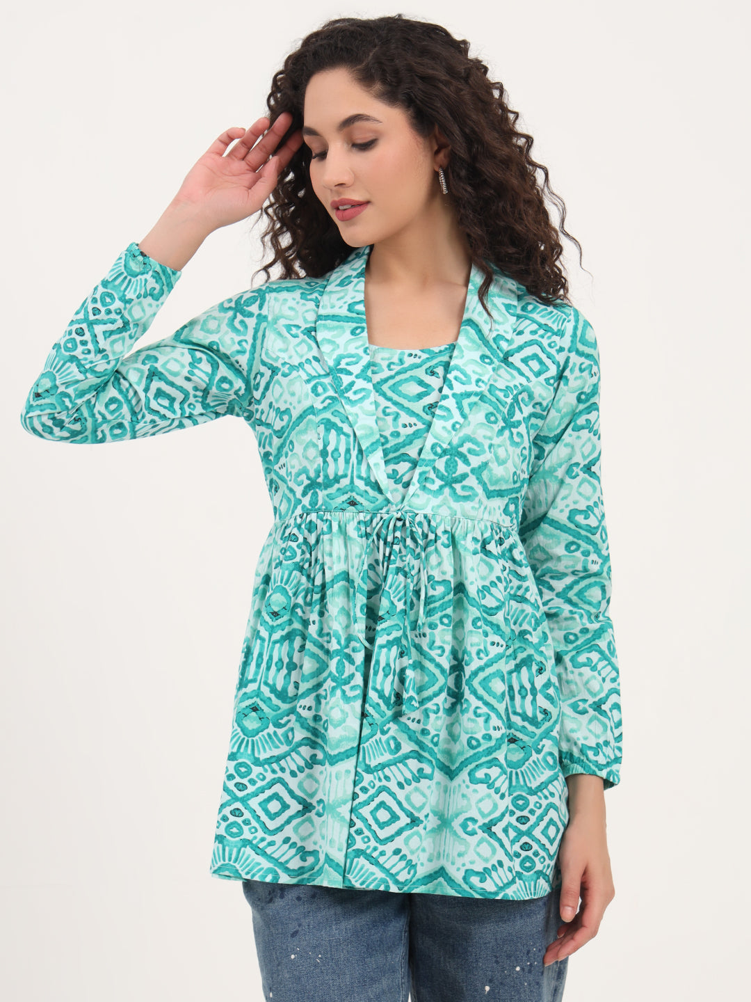 Divena Teal Green Floral Cotton Fabric Lepal Coller Peplum Top