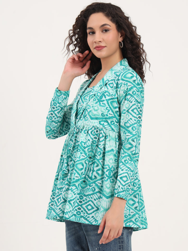 Divena Teal Green Floral Cotton Fabric Lepal Coller Peplum Top