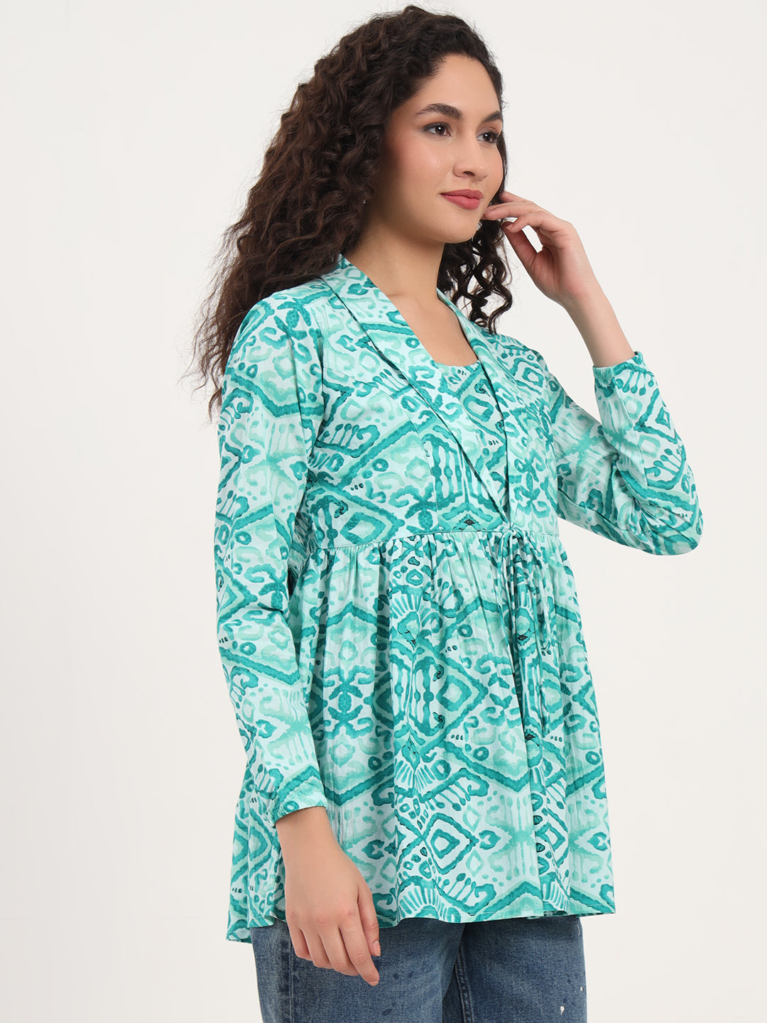 Divena Teal Green Floral Cotton Fabric Lepal Coller Peplum Top