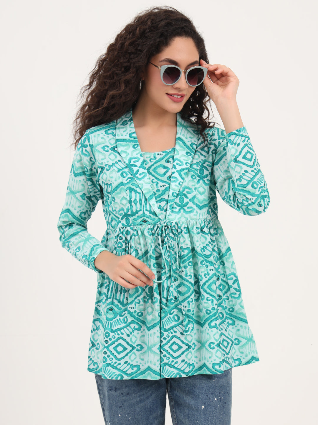 Teal Green Floral Cotton Fabric Lepal Coller Peplum Top — view 1