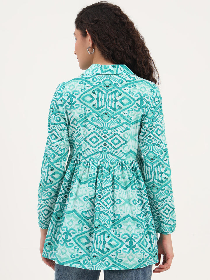 Divena Teal Green Floral Cotton Fabric Lepal Coller Peplum Top