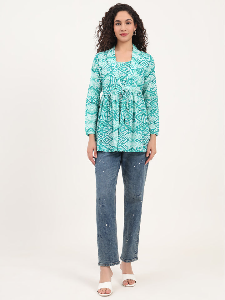 Divena Teal Green Floral Cotton Fabric Lepal Coller Peplum Top