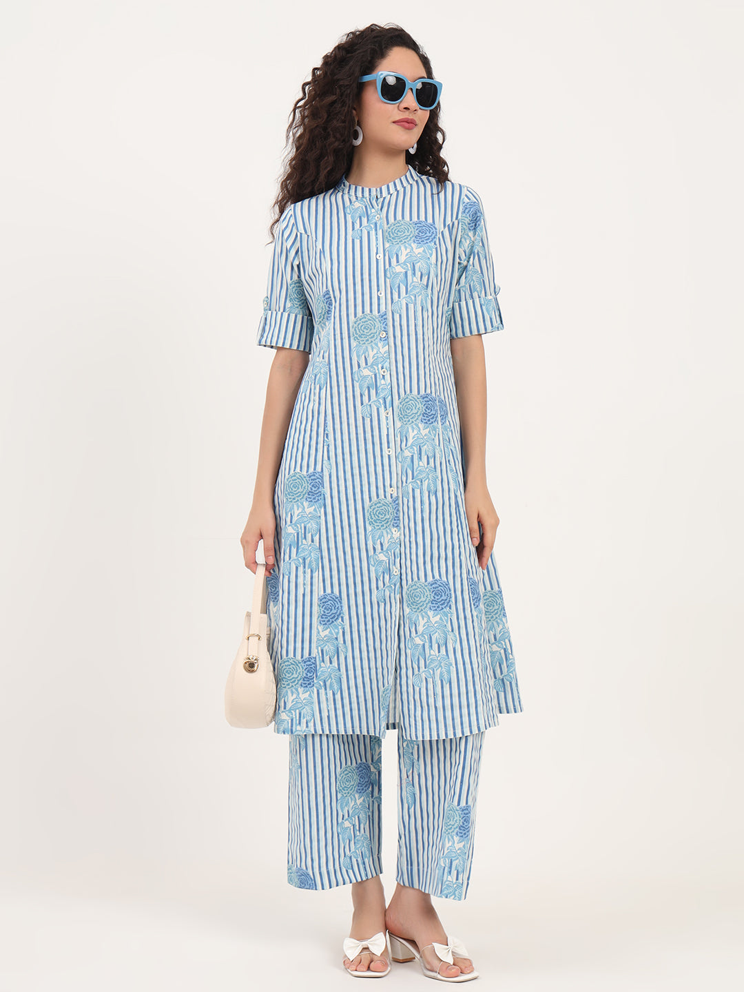 Blue Floral Printed Cotton Kurta Set — view 1