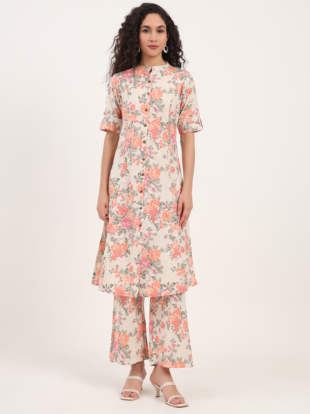 Cream Floral Printed Cotton Kurta Sets — view 1