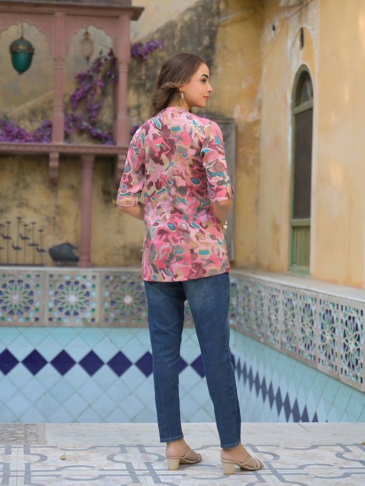 Divena Pink Printed Rayon A-Line Top
