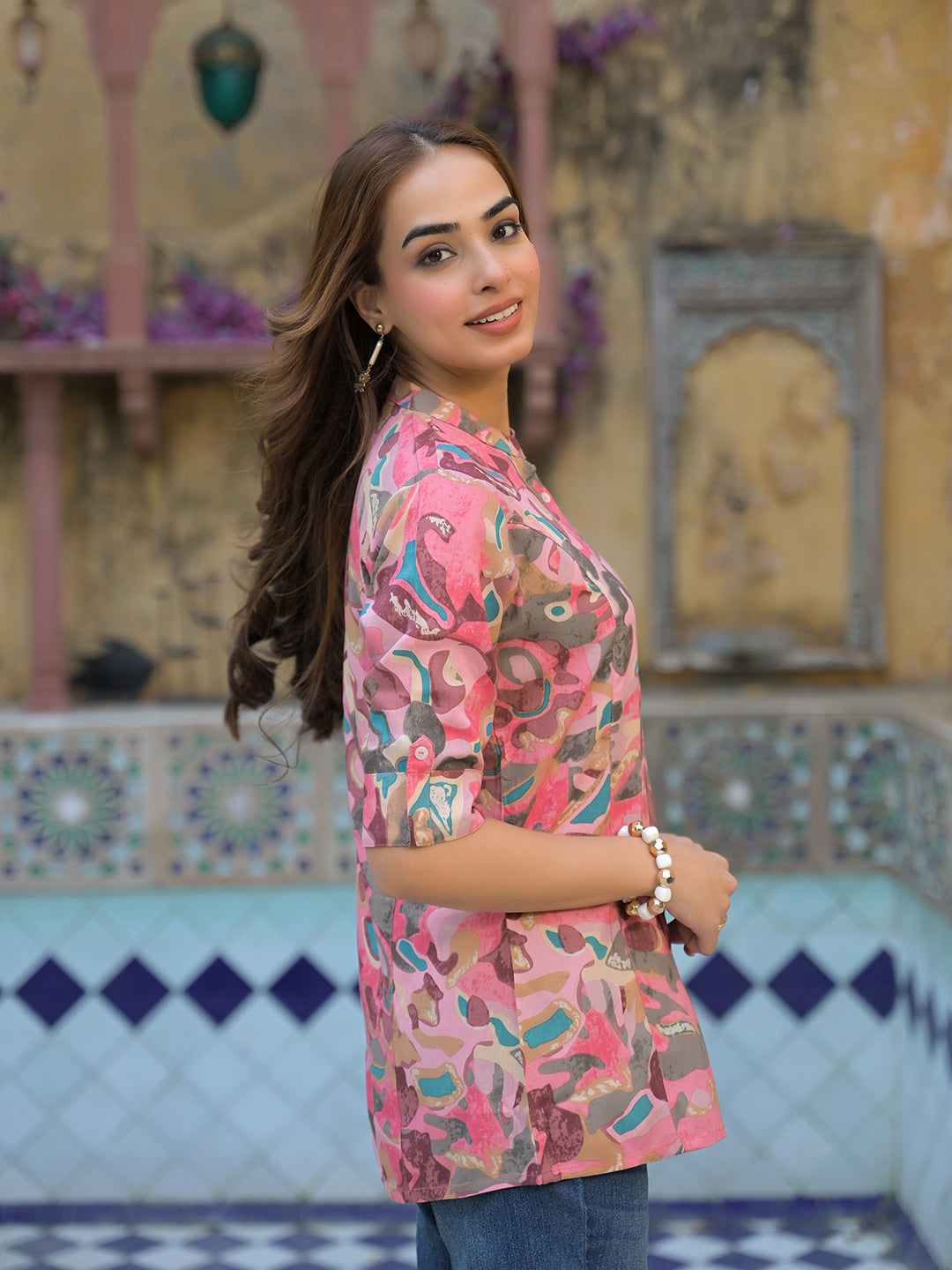 Divena Pink Printed Rayon A-Line Top