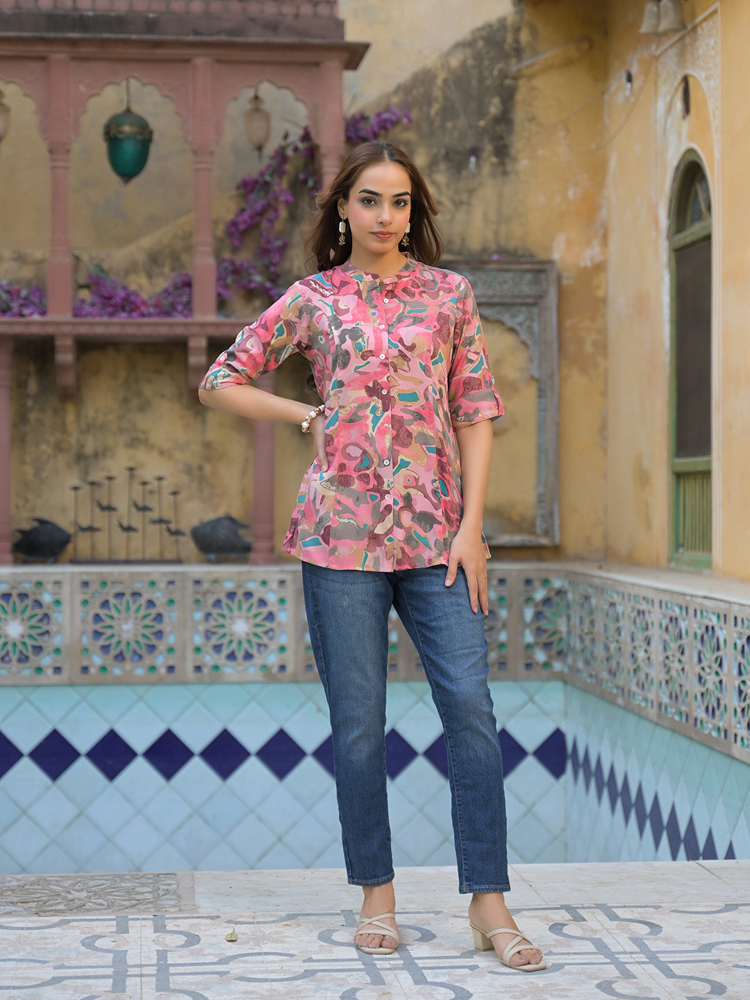 Divena Pink Printed Rayon A-Line Top