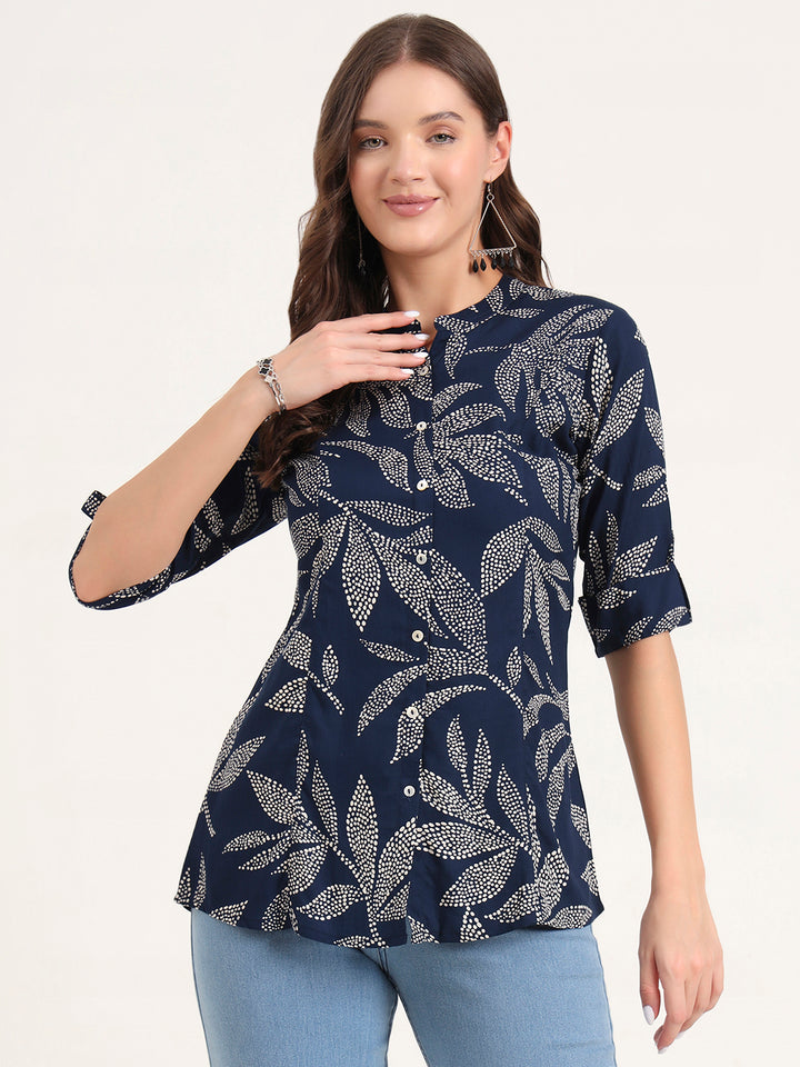Divena Navy Blue Rayon Rollup Sleeves A-Line Top