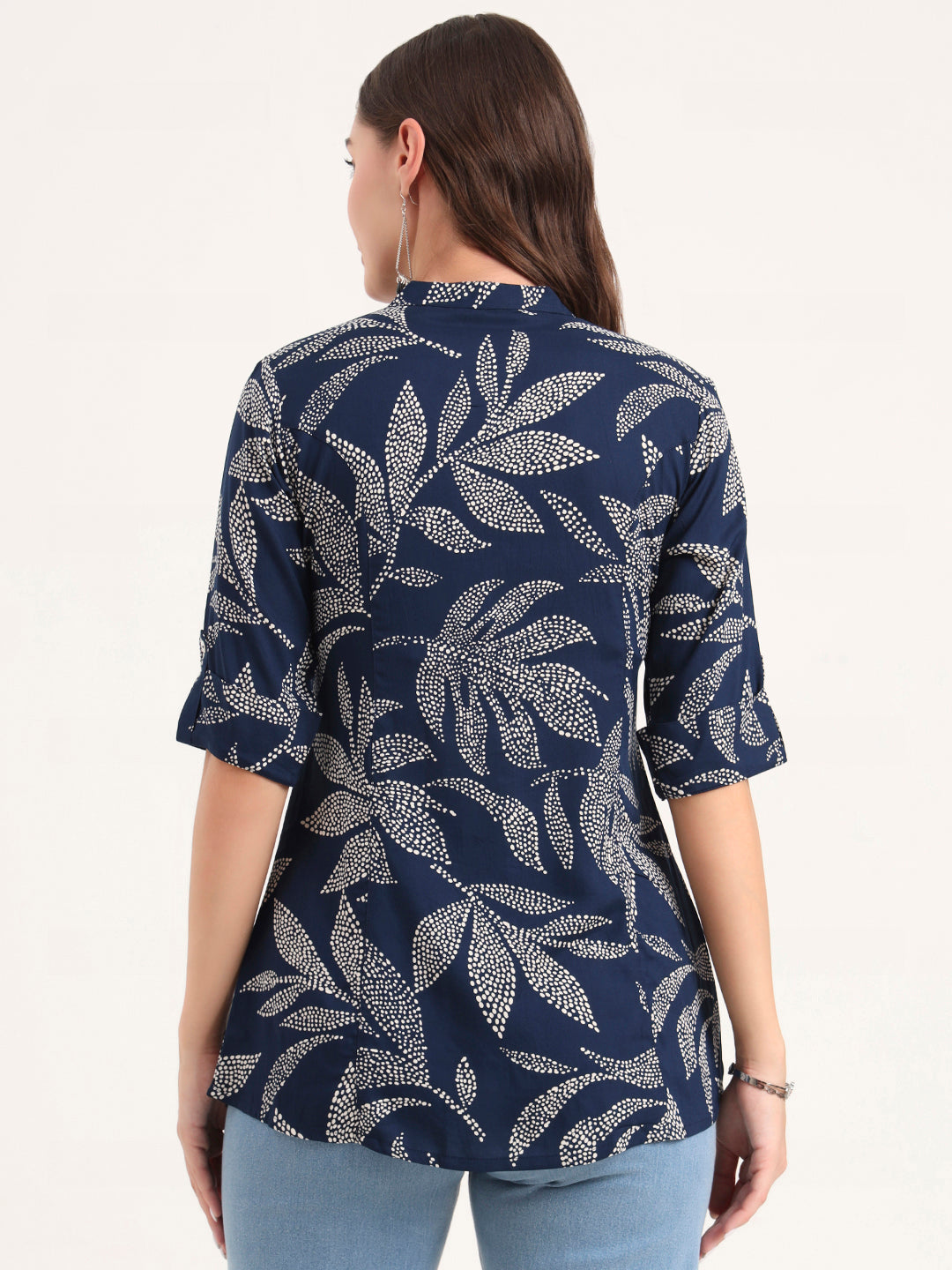 Divena Navy Blue Rayon Rollup Sleeves A-Line Top
