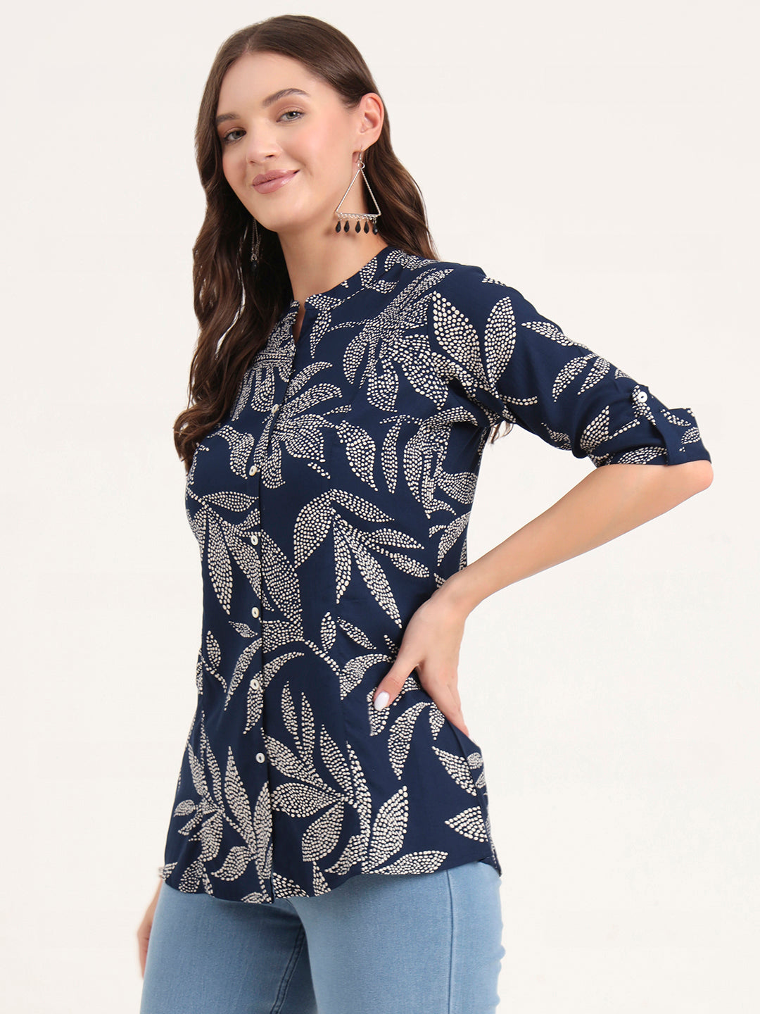 Divena Navy Blue Rayon Rollup Sleeves A-Line Top