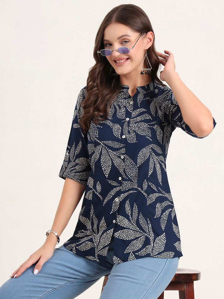 Divena Navy Blue Rayon Rollup Sleeves A-Line Top