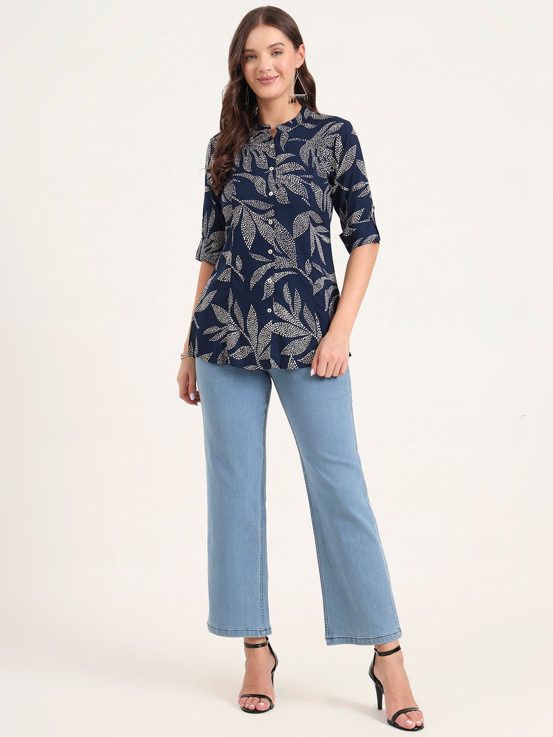 Divena Navy Blue Rayon Rollup Sleeves A-Line Top