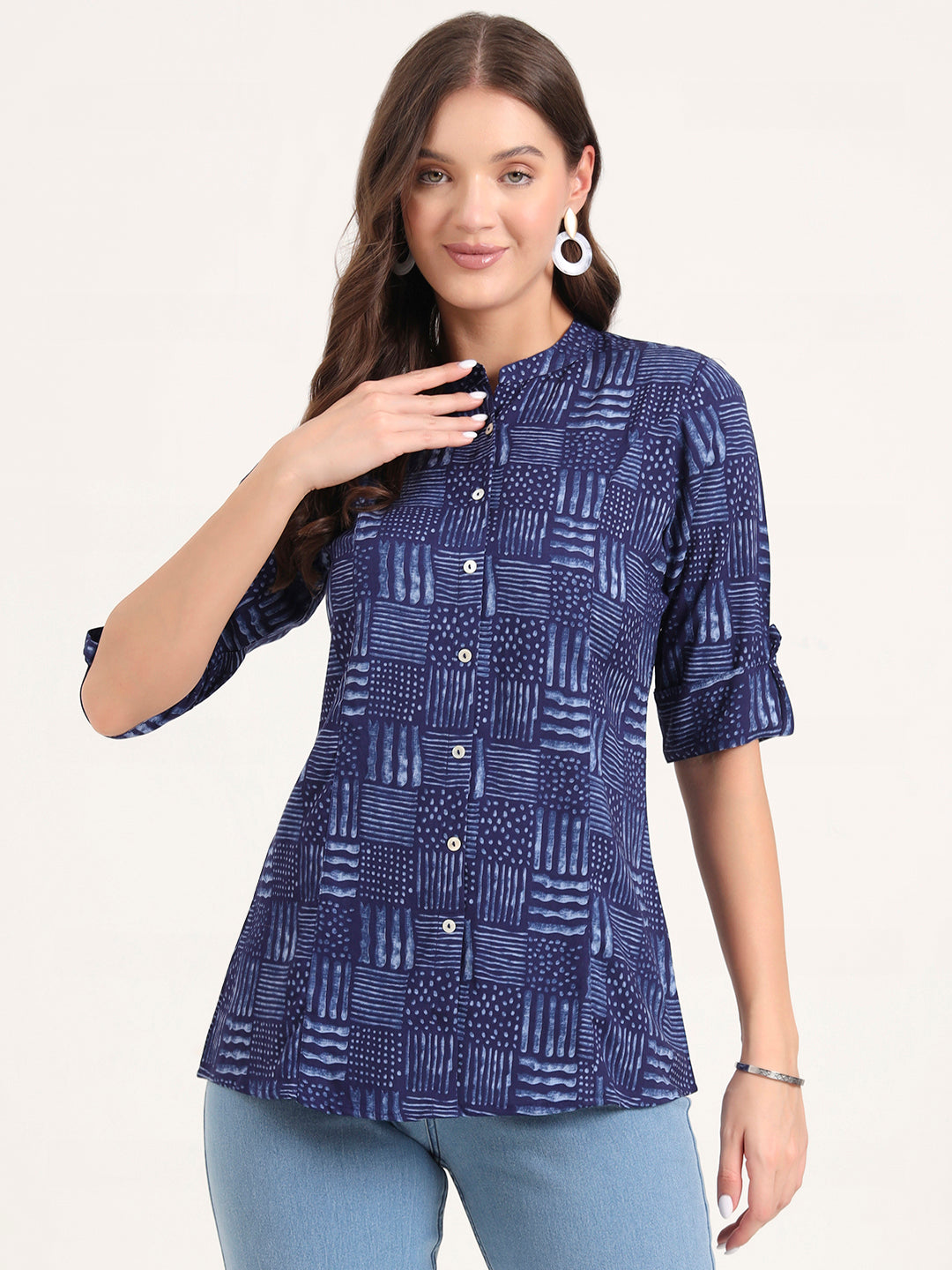 Blue Rayon Rollup Sleeves A-Line Top — view 1
