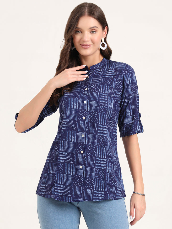 Divena Blue Rayon Rollup Sleeves A-Line Top