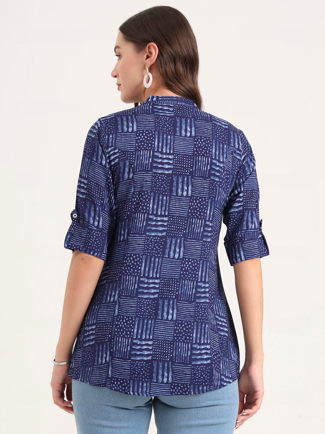 Divena Blue Rayon Rollup Sleeves A-Line Top