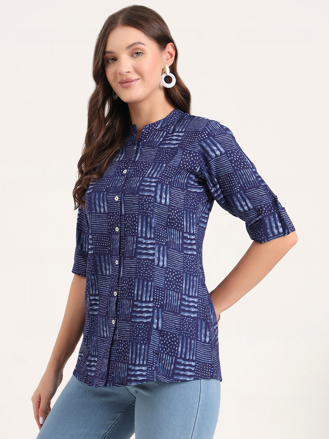 Divena Blue Rayon Rollup Sleeves A-Line Top