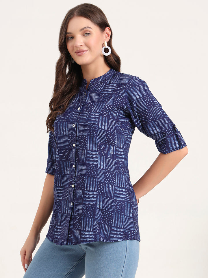 Divena Blue Rayon Rollup Sleeves A-Line Top
