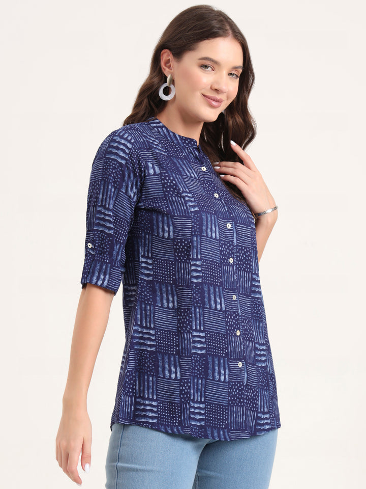 Divena Blue Rayon Rollup Sleeves A-Line Top
