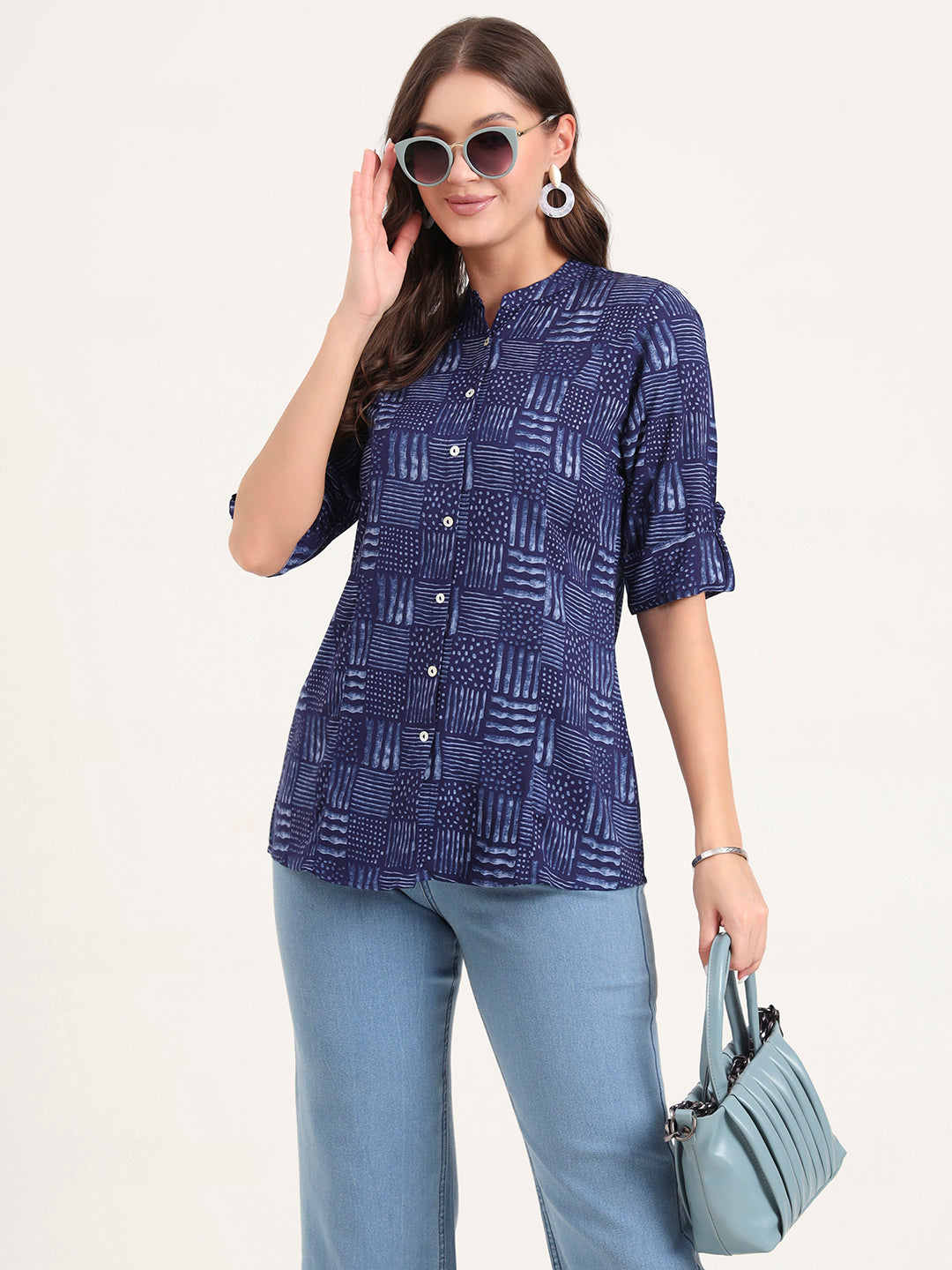 Divena Blue Rayon Rollup Sleeves A-Line Top